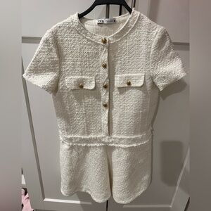 Zara White Tweed Dress with Gold Accents